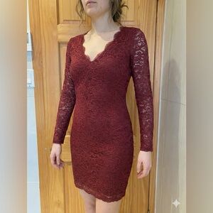 Reitman’s signature dress Lace Long Sleeve Dress in Burgundy